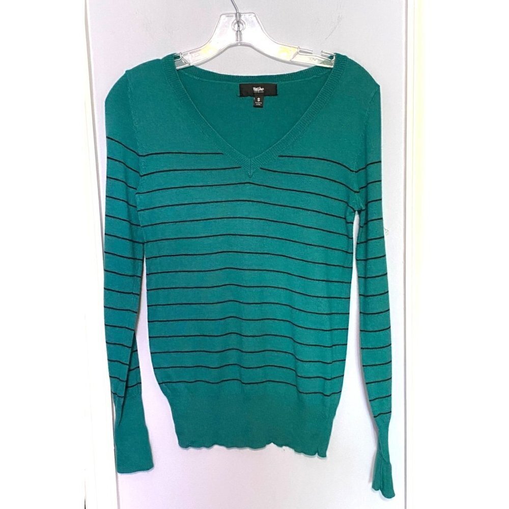 Mossimo Long Sleeve Pullover Green & Black Striped V-neck Sweater Women's Small
